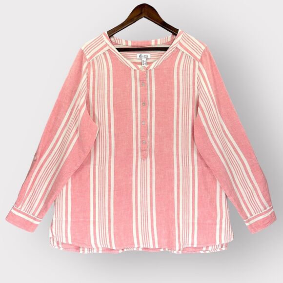 D&Co. Top Women L‎ Pink Striped Popover Yarn Woven Hi-Low Hem Linen Blend F14 - Picture 1 of 16